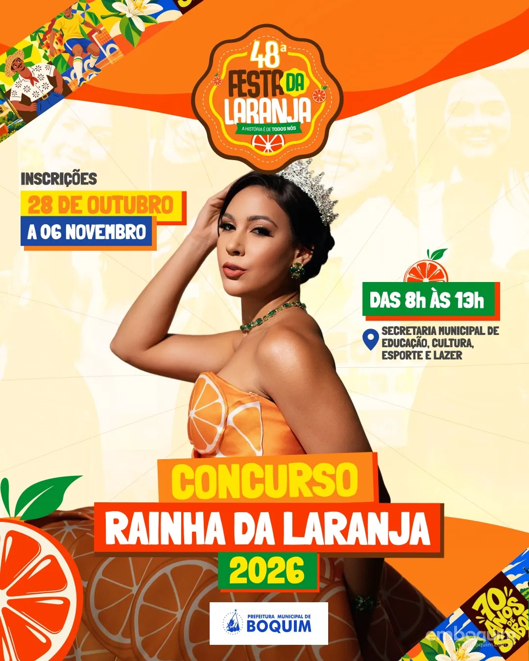 Festa da Laranja 2026 em Boquim terá Devinho Novaes e Elton Motta; inscrições para Rainha da Laranja estão abertas